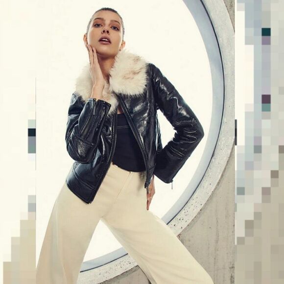 UNREAL FUR Vegan Leather Aviator Bomber Jacket Faux Fur Collar Full Zip Coat XL - Picture 14 of 15